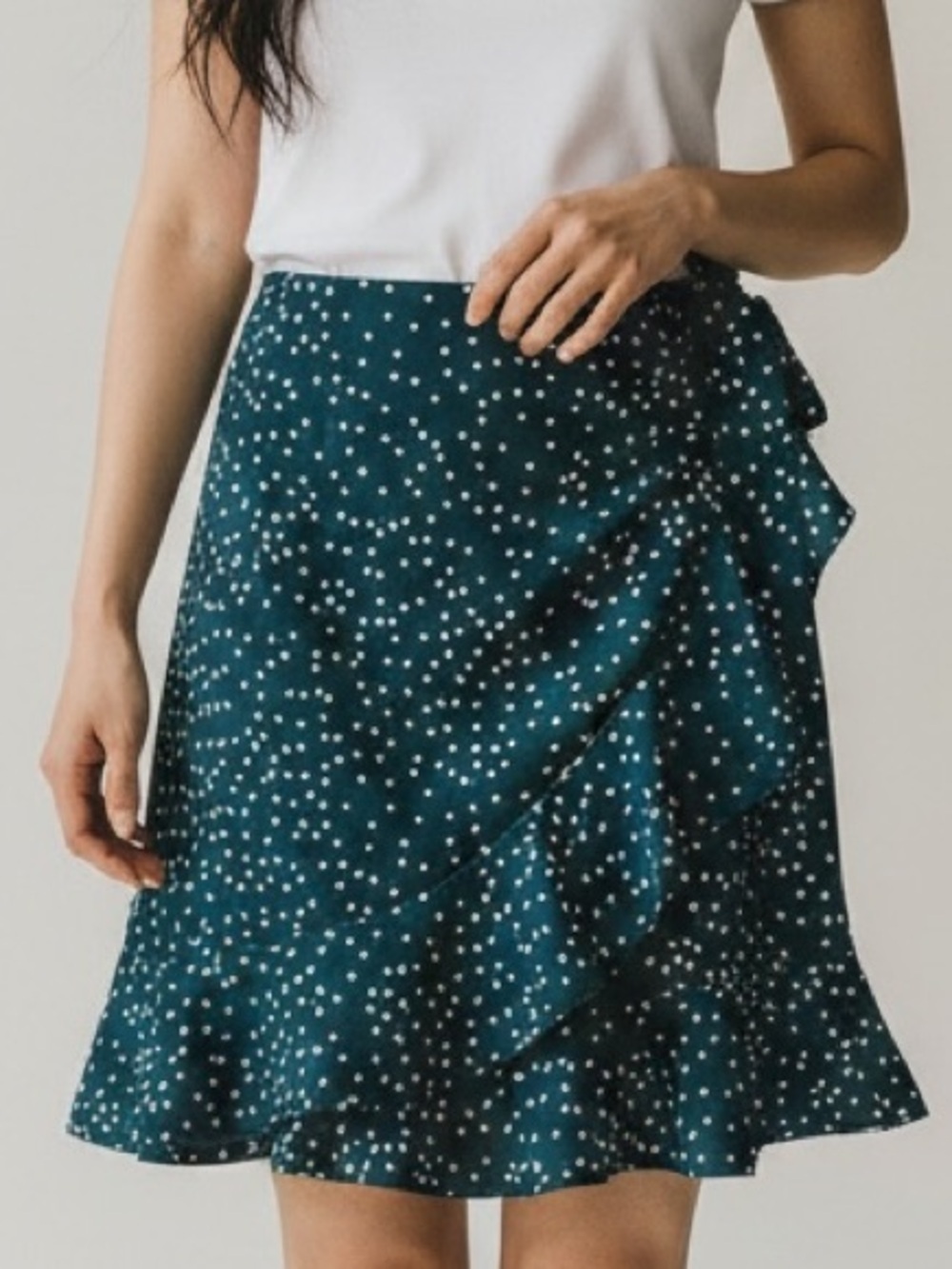 Teal Polka Dot Wrap Mini Skirt Ruffle Hem Coquette Y2K Feminine Cottagecore